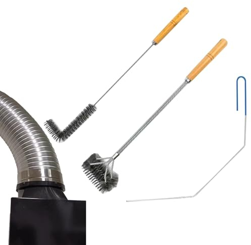 Nuyhgtr Fryer Cleaning Tools, 3 Piece Set, Long Lasting, Basket Fryer Brush, L-Shape Brush, Cleanout Rod, Stainless Steel Bristles, Wood Handle, White
