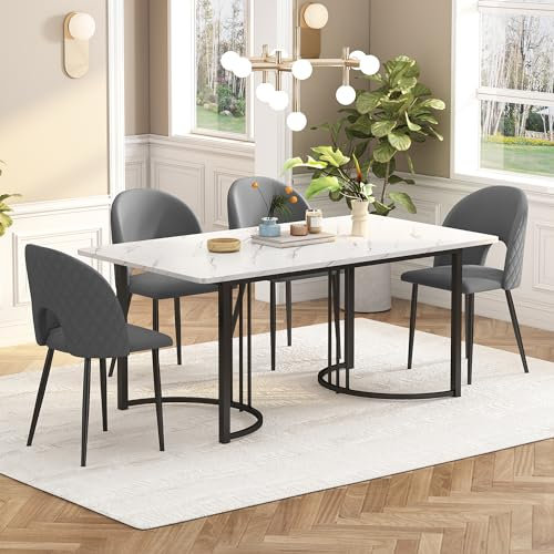 Merax Esstisch-Set 140×80cm Esstisch mit 4 Stühlen, Marmor-Muster MDF, Metallbeine, gepolsterte Samtstühle mit Rückenlehne, für Esszimmer, Küche, Wohnzimmer, Schwarz + Grau