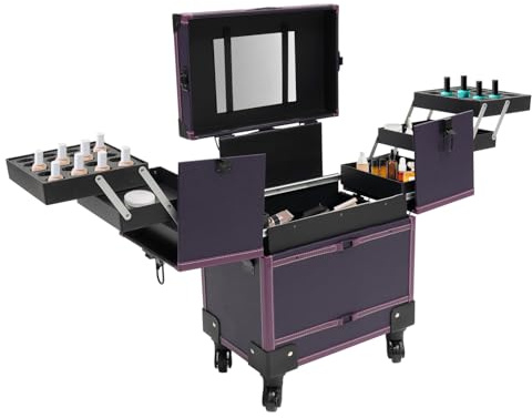 Kosmetikkoffer HartschaleRollende Schminkkoffer,Friseurkoffer Rolling Makeup Train Case Fits Artist Trolley Cosmetic Organizer Box with Mirror
