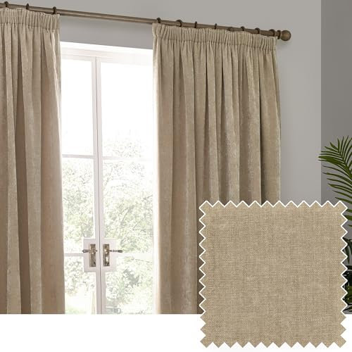 furn. Yard Heavy Chenille Pencil Pleat Curtain Pair – Lined Room Darkening Soft Velvet Curtains (Natural - Width 229 x Drop 229cm)