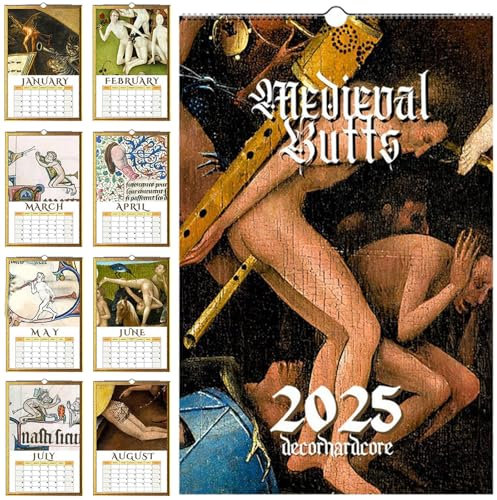Lustiger Mittelalterkalender 2025, Lustiger 12-Monats-Kalender mit mittelalterlichen Hintern-Gemälden, Seltsamer mittelalterlicher Hintern-Wandkalender mit Haken (1 Pcs)