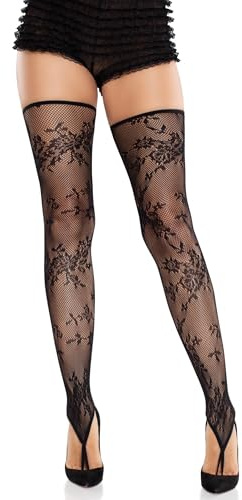 LEG AVENUE Damen Floral Net Toe Loop Footless Thigh Highs Oberschenkelhöhe, 15 den, Schwarz, Einheitsgre