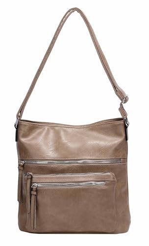 Damen Tasche Umhängetasche Crossbody Shopper Schultertasche Hobo Bag Beuteltasche Crossover Handtasche City Bag Henkeltasche Reise Leder Optik Taupe