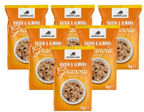 Mornflake - Crunchy Raisin & Almond Granola Breakfast Oats 6x 1kg. | High Fibre Granola Breakfast Cereal with Raisins, Almonds & Sunflower Seeds. All Natural Ingredients (Pack of 6)
