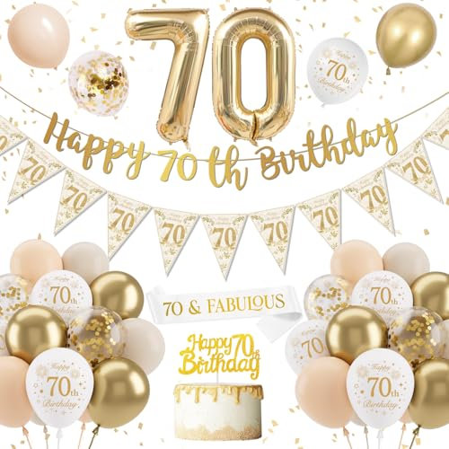 Deko 70. Geburtstag Frauen Deko, Weiß Gold Luftballon 70. Geburtstag Deko, Konfetti Luftballons Nummer 70 Folienballons für 70 Party Deko