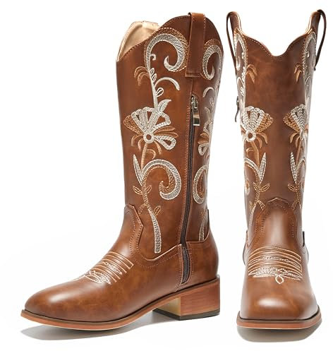 CouieCuies Stivali da cowboy comodi da donna Tacco basso Stivali western Ricamati Stivali da cowgirl Pull on Mid Calf Stivali messicani Marrone, marrone, 45 EU