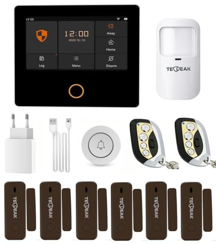 TECPEAK Drahtloses Hausalarmanlage, WLAN/GSM/4G mit Sirenensicherung, bietet einen hocheffizienten Modus zum Schutz Ihres Hauses und Büros (S1) (S1) Braun