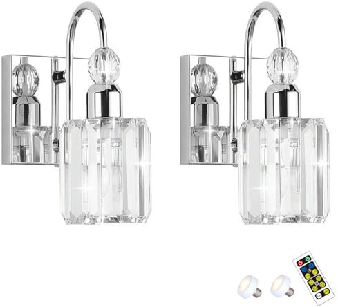 Modern Glass Crystal Wall Sconces Battery Operated Set of 2, with Bulb &Remote, Not Hardwired Bathroom Mirror Wall Lights, Wireless Dimmable Timed Wall Lamp for Hallway Foyer Bedroom(Silver)
