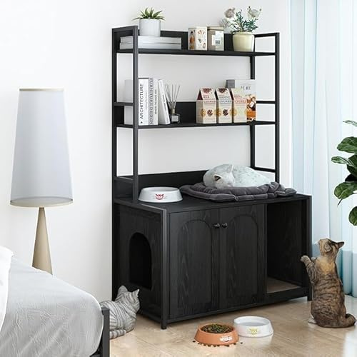 Arbre à Chat Hauteur 132cm, Arbre Litiere avec 2 étagères - Meuble Litiere Chat élégants en Blanc, Griffoir, Maison pour Chats d'intérieur et Armoire de Salle de Bain,- Noir