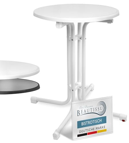 Beautissu Bistrotisch Outdoor Rund Ø 60 cm – Beistelltisch Balkontisch Stabiler Gartentisch Rund Klappbar 70 cm hoch – Campingtisch Partytisch Esstisch Gastro – Weiß Bistroni