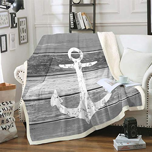 Homemissing Anker Wohndecke Nautisches Thema Decke 150x200cm Vintage Timeworn Verwitterte Holzbretter Rustikales Kuscheldecke Weich Luxus Dekor,Grau