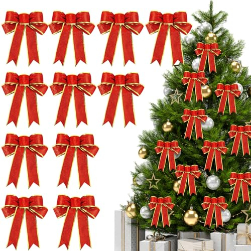 Powmag 12 Stück Rote Schleifen Weihnachtsbaum, Weihnachtsschleifen Glitzer, Schleifen Weihnachten, Schleifen Deko für Geschenkverpackungen, Hochzeitsdekoration, Christbaumschmuck