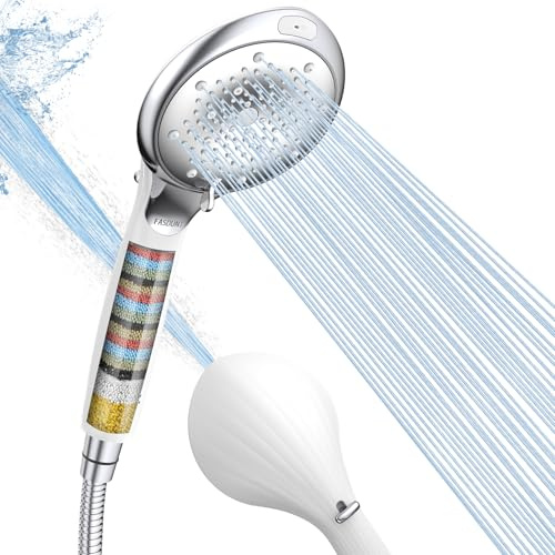 FASDUNT Alcachofa de ducha con filtro contra la cal, 8 tipos de chorro, cabezal de ducha de alta presión con manguera de 2 m, 20 capas, cabezal de ducha para agua dura, cloro residual-blanco plateado