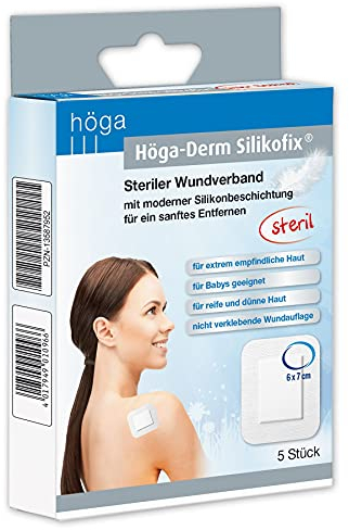 Höga Derm Silikofix 6 cm x 7 cm, steriler Wundverband (Pflaster) mit moderner Silikonbeschichtung für ein sanftes Entfernen, 5 Stück