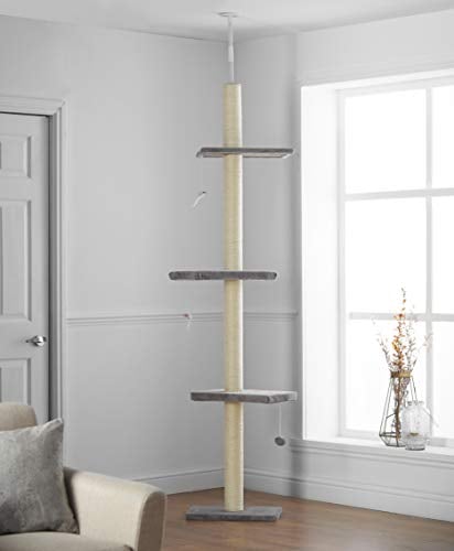 Pippa & Max Árbol Rascador para Gatos de 215cm-280cm, Rascador de Suelo a Techo para Gatos, Poste Escalador de Sisal Natural, Árbol para Gatos Extensible, Arbol Rascador de Actividades - Gris