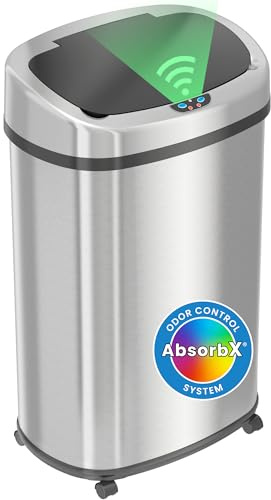 SensorCan 13 Gallon Sensor Trash Can with Wheels and AbsorbX Odor Control System, Stainless Steel, Oval Shape Automatic Kitchen and Office Garbage Bin (Powered by Battery or Optional AC Adapter)