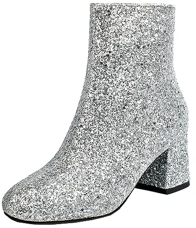 MISSUIT Damen Chunky Heels Ankle Boots Glitzer Stiefeletten mit Blockabsatz und Reißverschluss 6cm Absatz Pailletten Schuhe(Silber,38)