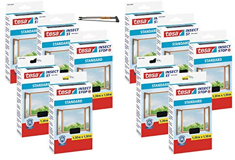 TESA Insect Stop STANDARD Fliegengitter für Fenster (1,3m:1,5m, 10 Stück/Anthrazit + Profi-Cuttermesser Metall)