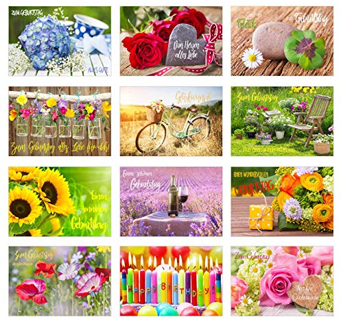 Edition Seidel Set 12 exklusive Geburtstagskarten mit Umschlag. Glückwunschkarte Grusskarte zum Geburtstag. Geburtstagskarte Karte Mann Frau (Doppelkarten/Klappkarten mit Briefumschlag)