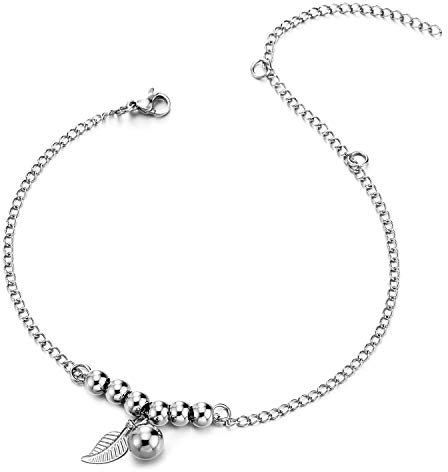 COOLSTEELANDBEYOND Acier Inoxydable Femme Chaîne Maillons Bracelets de Cheville avec Perle Chaîne, Pendantes Feuille et Balle Réglable