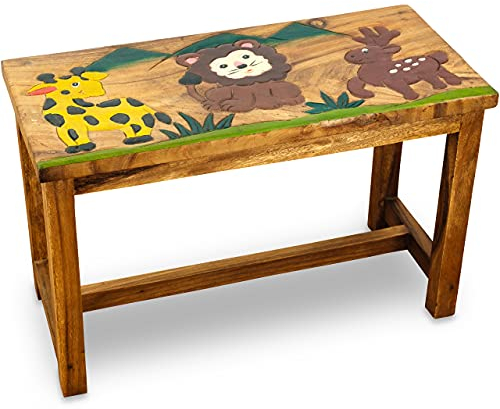 Massivholz Kindertisch, eckig, Massivholztisch Akazienholz Verspieltes Tiermotiv Zoo Safari Wilde Tiere Basteltisch Spieltisch handgemacht robust (Giraffe/Elch/Löwe)