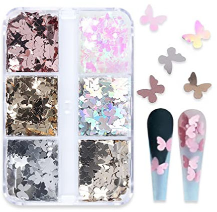 Woration 6 Raster Metallisch Schmetterling Glitzer Nagel Kunst Pailletten Ornament Nagel Kunst DIY Dekorationen Funkeln Bunte Konfetti Holographisch Schmetterlinge Form Flocken Zubehör
