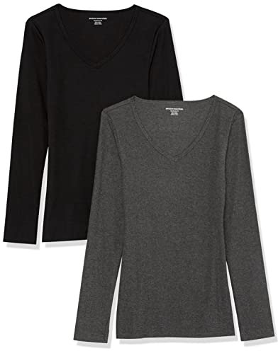 Amazon Essentials Women's Slim-Fit Layering Long Sleeve Knit Rib V-Neck (Available in Plus Size), Pack of 2, Black/Charcoal Heather, X-Large