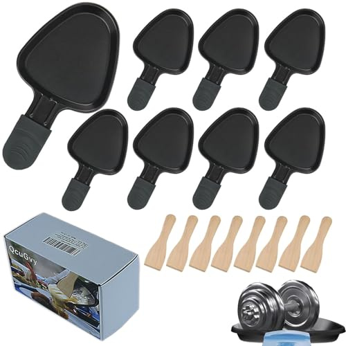 QcuGvy Non-Stick Cast Iron Raclette Pan Set of 4 with 4 Spatula Accessories for Raclette Grill, Black, Triangle