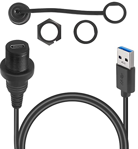 QIANRENON USB C to USB 3.0 Threaded Flush Mount Waterproof Cable Adapter 5Gbps USB 3.0 Male to USB C Female Panel Mount Extension Cable, 5V/3A Charging, for Desktop Dashboard Device Panel, 1M/3.3ft