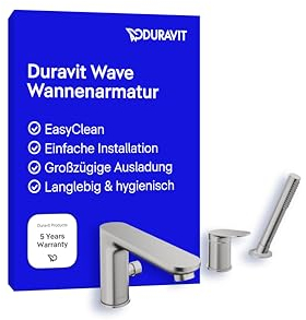 Duravit Wave 3-Loch Wannenarmatur, Einhebel-Wannenmischer mit Keramikmischsystem, Badewannenarmatur, Edelstahl Gebürstet