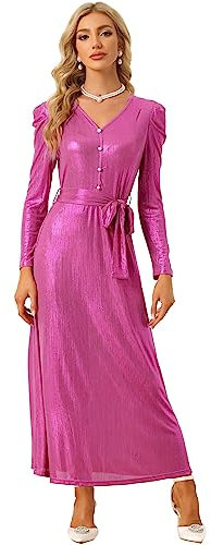 Allegra K Robe mi-Longue Vintage à col en V et à Manches Longues pour Femmes Rose Vif M