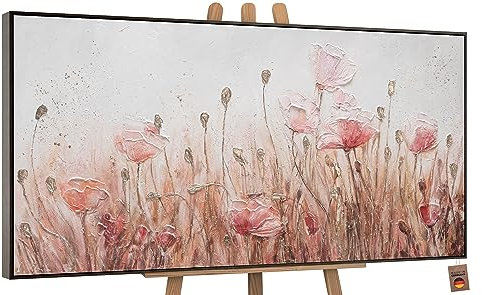 YS-Art Abstrakt Acryl Gemälde auf Leinwand April handgemalt Wandbilder Wohnzimmer modern Wohndekor Bilder Büro Praxis Beige Mohn Blumen echte Kunst mit Rahmen 200x100 cm