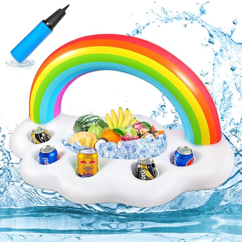 Pool Drink Floats - Fun Inflatable Floating Drink Holder for Pool with Cup Holder - Hot Tub Tray Floatie with Cup Holder - Beverage Swimming Pool Table Float for Adults (Rainbow Cloud Drink Holder)