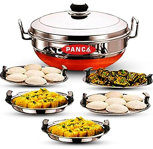 PANCA Olla Idli de acero inoxidable de 5 platos Multi Kadai | 2 platos Idli | 2 Dhokla | 1 Patra | Momo Steamer, Kadai redondo plateado con fondo de cobre