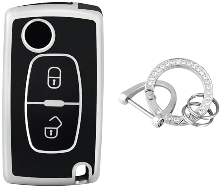 OFFCURVE Etui a Cle Voiture Coque Clé, Étui à Clés Couvre Clef Cache Clef avec Porte Clef pour Citroen C1 C2 C3 C4 C5 Picasso Peugeot 107 206 207 307 308 406 407 607 2/3 Tasten