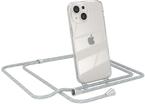 EAZY CASE - Handy Chain - kompatibel mit iPhone 13 Mini, Handykette Tasche transparent, Stoßfeste Soft Silikon TPU, Stylische Kette mit Hülle für Smartphone, Grau/Weiß mit Verschlüssen in Silber