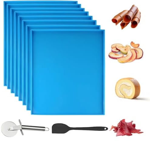 8PCS Silicone Dehydrator Trays with Edge Fruit Leather Trays Non-stick Dehydrator Mats with Silicone Scraper Cutter Wheel for Fruit Vegetables Meat Herbs and Liquid