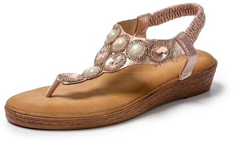 JOMIX Sandales Femme Sandales Compensées Femme Bohême Strass Élastique Réglable pour Marche Maison Piscine Plage (Rose, 41)