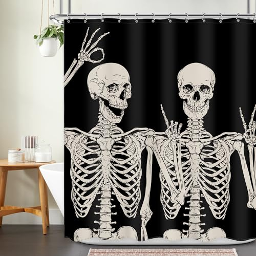 Ufeela Tenda da doccia con scheletro divertente teschio gotico spettrale nero bianco retrò osso cool horror Halloween moderno 152 x 182 cm tenda da doccia set tenda da bagno accessori per vasca da