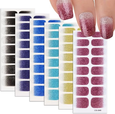 6 Sheets Glitter Nail Strips Gradient Polish Wraps Soft Self-Adhesive Nail Full Wrap Sticker Tips Decals for Women Girls