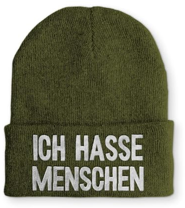 tshirtladen Spruchmütze Strickmütze Ich Hasse Menschen Wintermütze Mütze lustige Beanie mit Stick OneSize, Farbe: Olive
