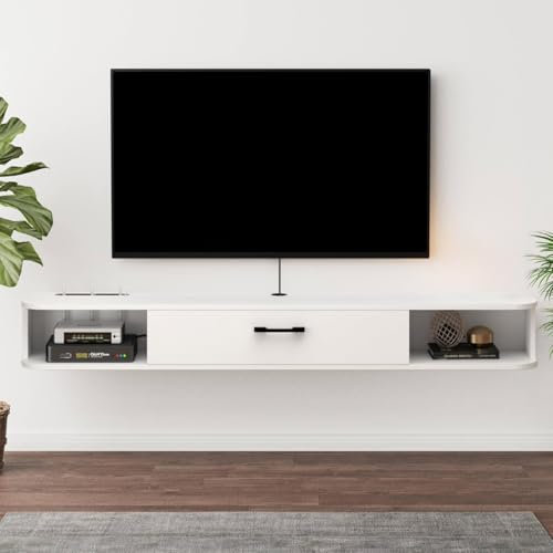 Pmnianhua Floating TV Unit, Wall Mounted TV Cabinet, Floating Shelves with Drawer, Modern Entertainment Media Console Center Large Storage TV Bench for Living Room & Office (160cm, White)