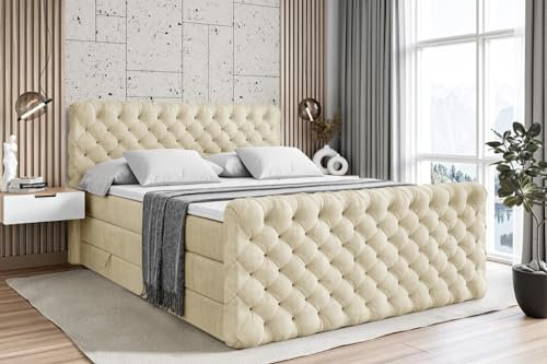 ALTDECOR Boxspringbett mit Matratze und Lattenrost, Topper, Fußteil,Polsterbett mit Bettkasten, Bett mit Stauraum H3- und H4- Matratze, Doppelbett - BOXI8-Z King - 200x200 - Beige Monolith
