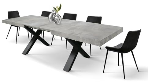 PAZZO DESIGN Tavolo Allungabile Pantaleo, Tavolo Soggiorno, Cucina, Gambe Incrociate X Nere, Made in Italy, Grigio Cemento, 180x90x76 cm - id_2066