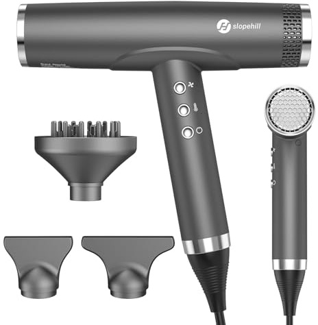slopehill Professional Ionic Hair Dryer with Diffuser - Lightweight, Compact, Powerful & Fast Salon Blow Dryer with High Speed Brushless Motor for Travel, Women & Men (Ceramic, Dark)
