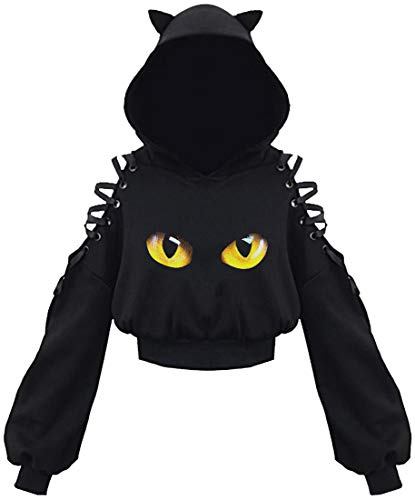 PANOZON Women's Cute Cat Ear Hoodies Crop Top Off Shoulder Hollow Out Long Sleeve Black Punk Y2K Gothic Sweatshirts Cat Eye 2XL