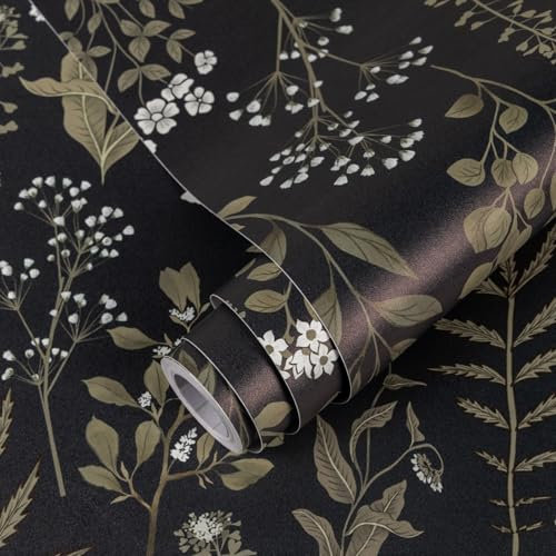 Decoroom Papier Adhesif pour Meuble Noir Mat 44X300cm Film Adhesif pour Meuble Imperméable Vinyle Adhesif Decoratif Chambre à Coucher Salon Fleur Papier Peint