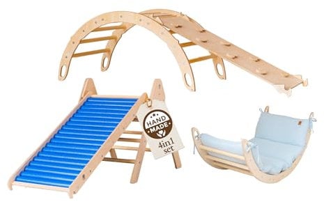 WoodsCraft 4in1 Set: Kletterdreieck mit Rutsche Indoor/Klettern Rampe, Rollenrutsche & Kletterbogen | Holz Montessori Klettergerüst Indoor Spielgeräte | Klettern Kinder Indoor & Klettern Baby