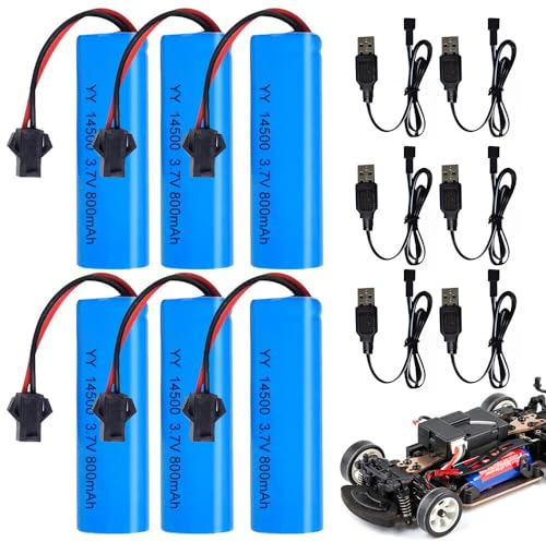 Batterie 14500 Rechargeables, TGKYK 6 pièces 3.7V 800mah Rechargeable avec 6 Chargeurs USB SM-2P Plug, Pile 3.7v Rechargeable für RC Fahrzeuge, Boote, Panzer, Autos, Schiffe,Roboter