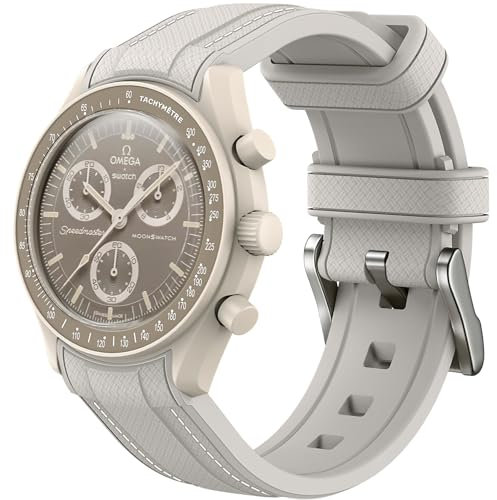 Armband für Omega x Swatch MoonSwatch 20mm, weiche Silikon Omega X Swatch Moonswatch Speedmaster Ersatzband ohne Lücken, gebogenes Moonswatch Swatch Armband für Männer Frauen (Khaki weiße Linie)